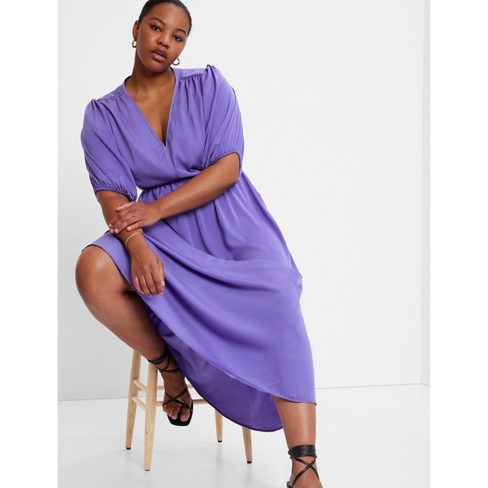 Gap Purple Puff Sleeve V-Neck‎ Cutout Back Midi Dress Womens A-Line